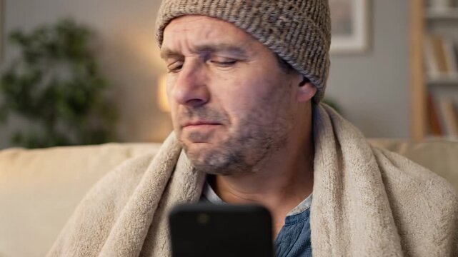 Shocked Man in Hat and Blanket Reacts to Phone Content, Eyes Wide and Face Expressive
