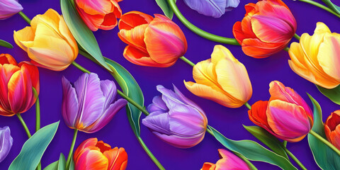 Fototapeta premium Vibrant Colorful Tulips on Purple Background Spring Flowers Floral Design