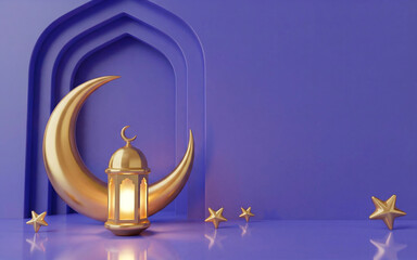 Golden crescent moon and lantern with stars, islamic holiday decoration