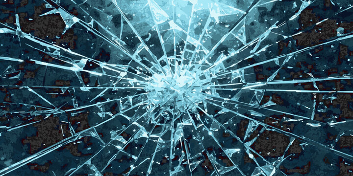 Broken glass or 3D explosion, scattered pieces of glass, mirror or window on a dark background. Abstract rendering of shattered transparent glass. 3D illustration.