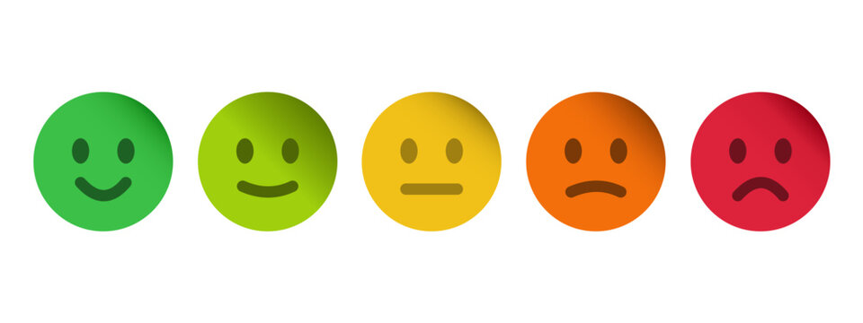 Colorful feedback emoji faces, emoticons ranging from happy to sad, for surveys, rating systems, user feedback, and UI elements as a rating scale or for collecting feedback on satisfaction and mood