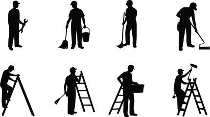 Maintenance and Cleaning Worker Silhouette Icons Set Featuring Sweeping, Painting, Ladder Work, Carrying, and Repair Tasks
