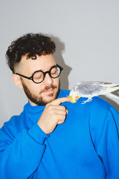 Man Petting Cockatiel Gently