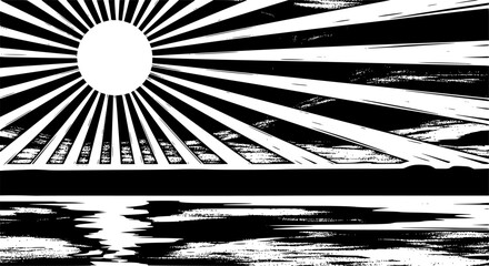 Stylized sun with radiating rays and horizon line abstract 