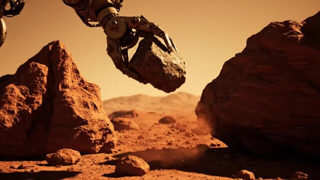 Mars rover research robotic arm collecting rock samples on red planet