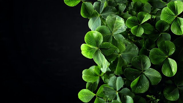Fresh green clover leaves dew drops close-up black background minimalist nature