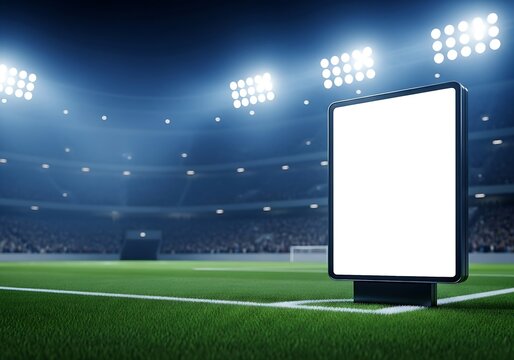 Blank vertical billboard mockup on the sidelines of a lit soccer stadium at night during an international football tournament