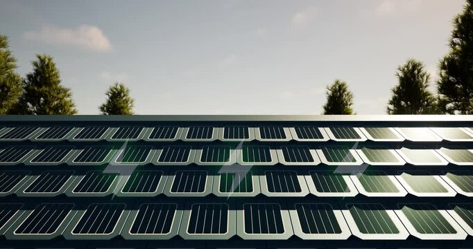 Modern shingle solar panels arrayed on roof, overlay icon symbol graphic of sun ray and electric power to harnessing the sun's energy, symbolizing renewable, sustainable power source and smart home.