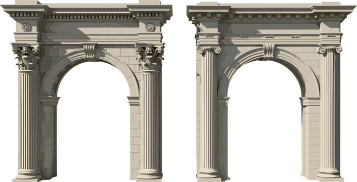 Neoclassical architectural archways with ornate columns, Corinthian capitals, decorative entablatures, symmetrical design, historical architecture illustration for cultural heritage