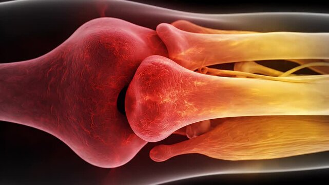 Close Up 3D Medical Animation of Human Knee Joint with Inflammation and Tendons Visible
