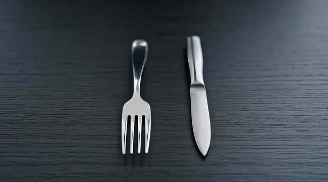 Classic stainless steel fork and sharp knife neatly arranged on a dark, textured surface, ready for a refined dining experience or culinary presentation