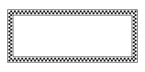Fototapeta premium Rectangle banner frame with checkered black and white print. Rectangular vignette with checkerboard, rally flag or chessboard texture isolated on white background. Vector graphic illistration