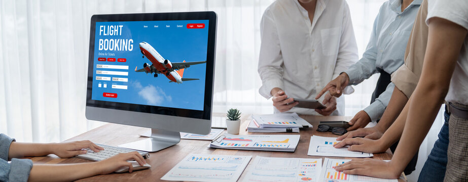 Online flight booking website provide brisk reservation system . Travel technology concept .