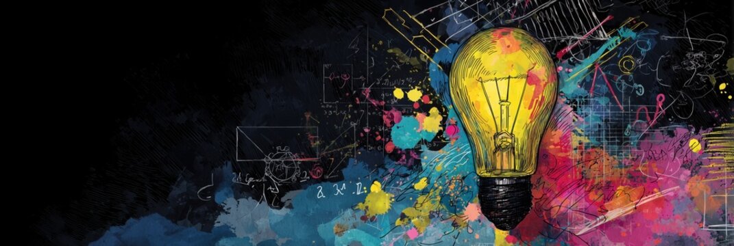 vibrant light bulb surrounded by creative symbols lines, colorful splashes of paint, and complex mathematical equations symbolizing innovation in education on a dark background Generative AI
