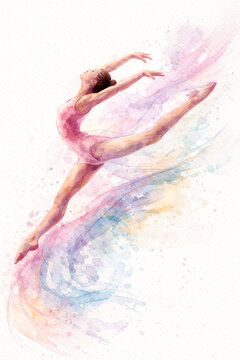Elegant watercolor illustration of a ballerina mid leap, her pink silhouette flowing through pastel splashes of lavender, peach, and blue, capturing grace, strength, and lyrical motion.