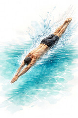 Obraz premium Watercolor illustration of a swimmer diving into turquoise water, powerful strokes and splashing arcs capturing speed, precision, and the focused intensity of competitive performance.