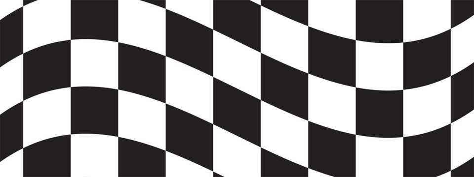 Wavy checkered black and white pattern. Winding race flag or chess board background. Simple geometric print. Vector graphic illustration