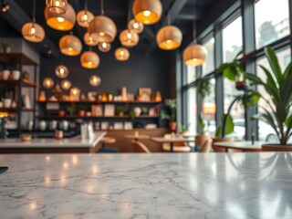Warmly lit modern cafe interior with hanging pendant lights and marble counter