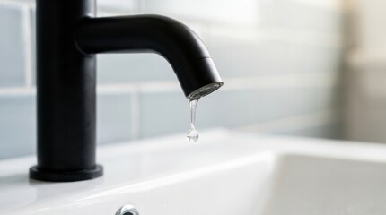 Dripping black faucet over a white sink