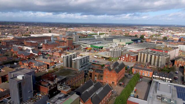 Aerial view of Burton upon Trent industrial area at sunset