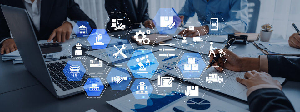 Mechanized industry automation and modern production system with robotic arms, gears, tools and loEnticeics for efficient mechanized industry process. Entice