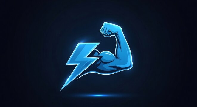 Neon Blue Glowing Muscular Arm and Lightning Bolt Logo for Bodybuilding and Energy Boost