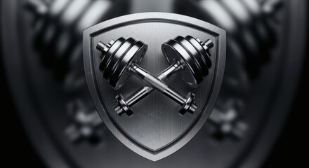 Fototapeta premium Metallic Silver Shield with Crossed Dumbbells for Bodybuilding and Fitness Brand Logo