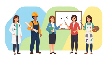 Fototapeta premium Diverse professionals and educators standing together in front of a whiteboard with mathematical equations various occupations teamwork