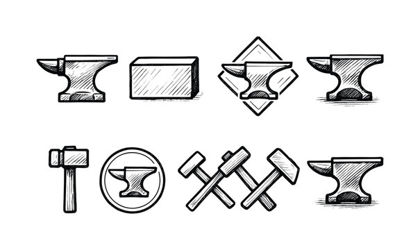 Blacksmith silhouette icon set. Forge, anvil, smithing tools in a minimalist design