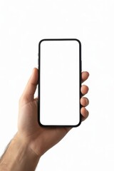 Person holding a smartphone with a blank screen against a white background