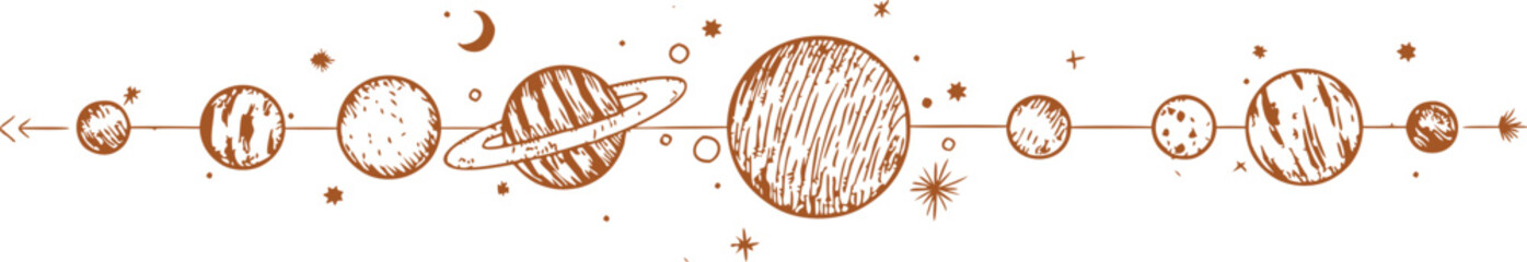 Solar system doodle background with hand drawn planet orbit sketch. Minimal cosmic line art banner in warm brown outline style. Seamless animation backdrop for science education and space themed video © Vivid Pixel Studio.