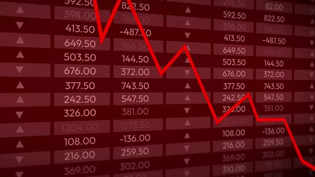 Stock market crash concept in red color with arrow going down, 4k animation. Numbers running showing trading and business downfall, finance footage backdrop.