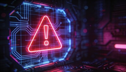 A virus alert warning displayed on a digital screen with red danger symbols and glitch effects, in a futuristic environment