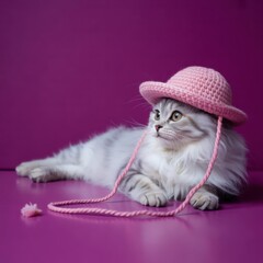 A white kitten wearing a pink hat and scarf lying on a pink surface