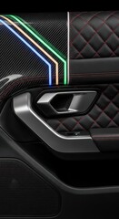 Obraz premium Luxurious automobile door panel features carbon fiber trim with colorful ambient lighting and quilted leather