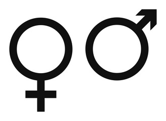 Male and female gender symbols icon set showing gender signs for man and woman. Simple gender symbol design suitable for education, biology, restroom signs, and gender identification use.