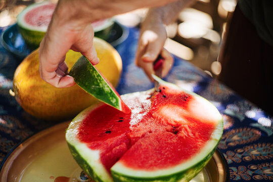 Outdoor summer snack time with watermelon