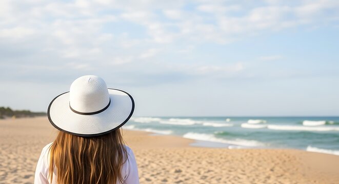 Woman in white hat on beach vacation.