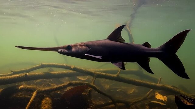 Paddlefish in Underwater Habitat: An enigmatic paddlefish glides gracefully through its aquatic home, its distinctive paddle-shaped snout slicing through the water.