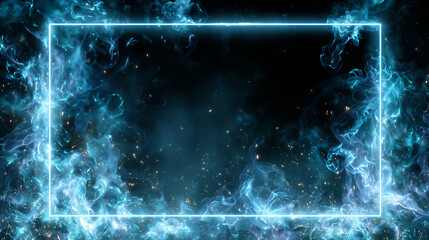 激しく燃え盛る青い炎と火花が舞う中にシアンのネオンフレームが浮かび上がる幻想的なエネルギー背景素材