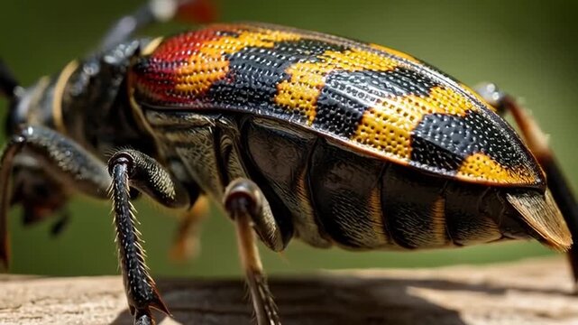 Colorful Beetle in Macro View: A detailed, close-up shot showcases a striking beetle, its patterned exoskeleton displaying vibrant hues.