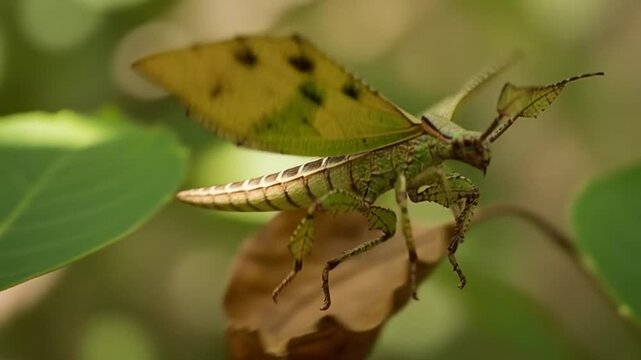 Leaf Insect Camouflage: An amazing leaf insect demonstrates its mastery of camouflage, blending almost seamlessly into its leafy habitat.