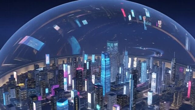 Futuristic Metropolis: A breathtaking panorama of a modern cityscape, shimmering under a translucent dome that shields the urban landscape. A blend of innovation and protection.