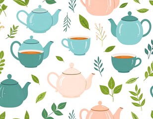 Whimsical illustration showcasing tea pots, cups, and leaves on a white background