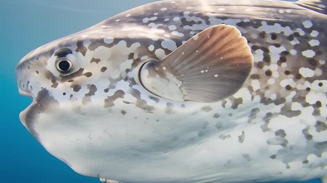 Ocean Sunfish in Depth: A close-up encounter with a majestic ocean sunfish, its unique body and striking spotted pattern come into focus, revealing the fascinating details of marine life.