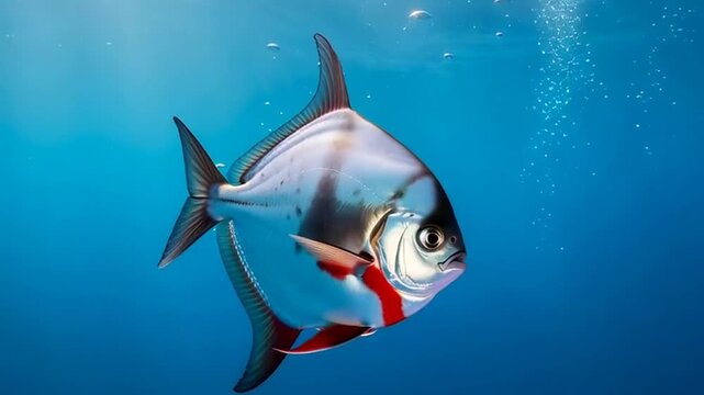 Moonfish in its Aquatic Realm: A captivating shot of a moonfish gracefully navigating its underwater world. Its silvery scales shimmer as it moves through the aquatic realm. The fish.