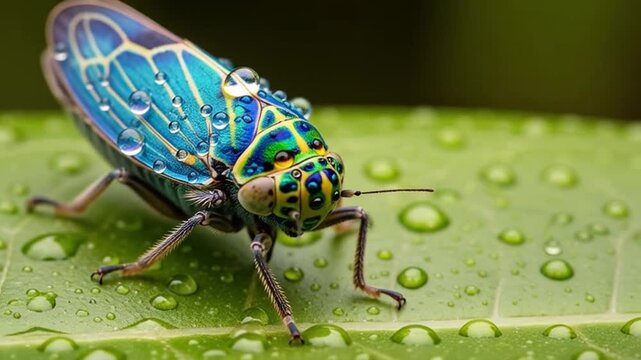Jewel Beetle on Leaf: A mesmerizing jewel beetle, adorned with iridescent colors and delicate water droplets, perches gracefully on a vibrant green leaf, epitomizing nature's artistry.
