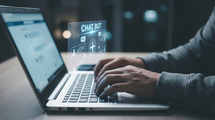 Obraz premium Typing on Laptop Keyboard Featuring Digital Chatbot Interface, Technology Workspace, Modern Office Environment, Close-Up View, AI Concept