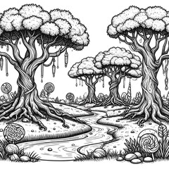 Whimsical, illustrative forest scene with candy-like elements and a winding path in black and white