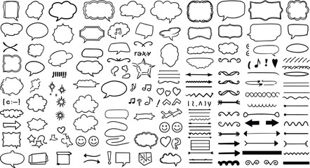 Hand drawn doodle speech bubbles, arrows, frames, lines, hearts, stars, music notes, decorative comic elements for creative graphic design